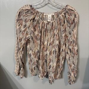 American‎ Rag Boho Feather Print Sheer Long Sleeve Top Crochet Trim (Juniors XS)